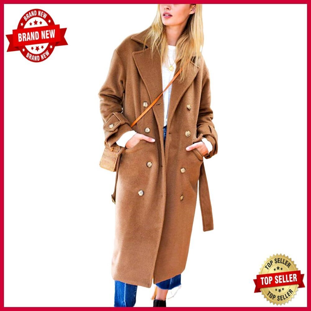Long Wool Trench Coat Double Breasted Peacoat with Belt Below Knee